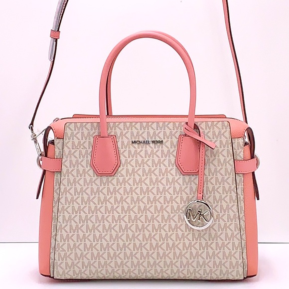 MICHAEL KORS MERCER MEDIUM TOP ZIP BELTED SATCHEL PRIMROSE MULTI SIGNATURE - Picture 2 of 16